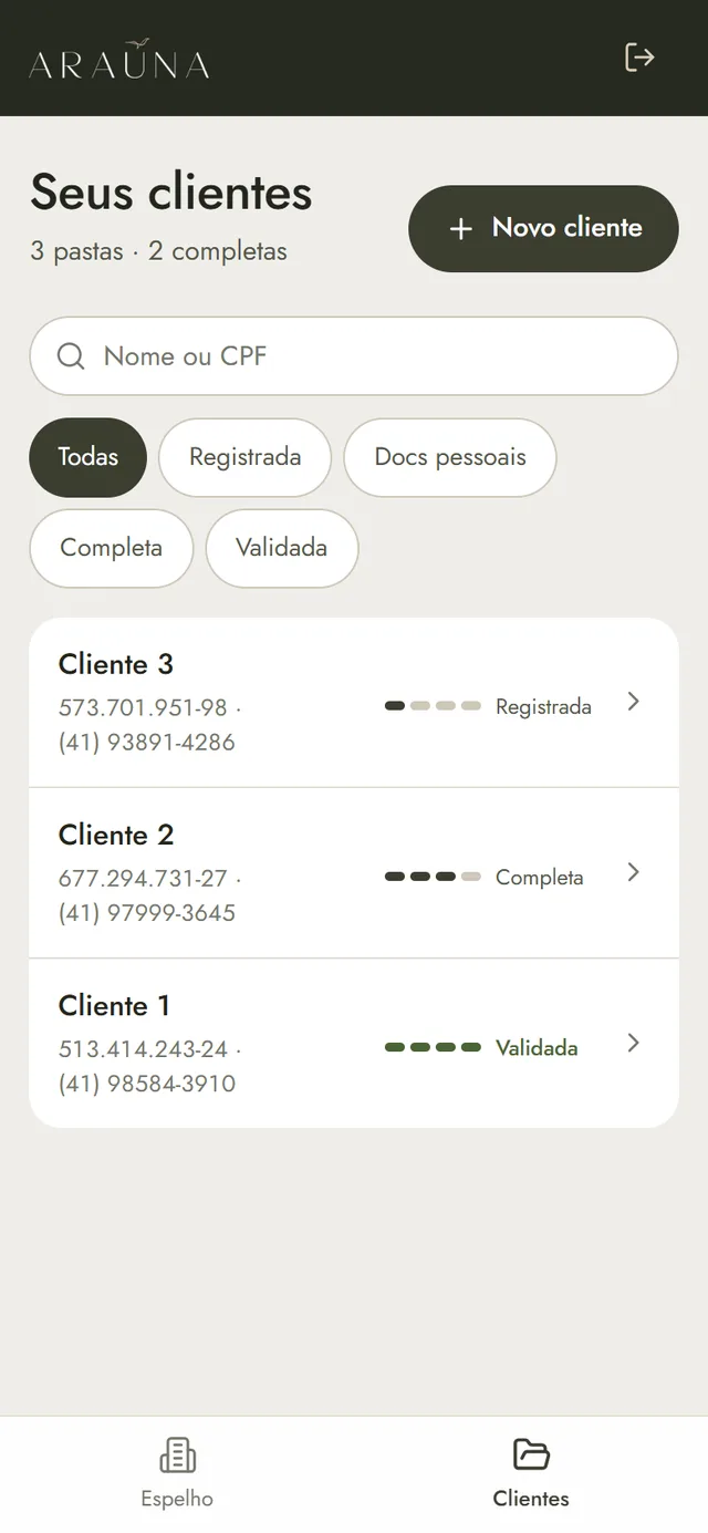 Lista dos seus clientes com o nível de cada pasta
