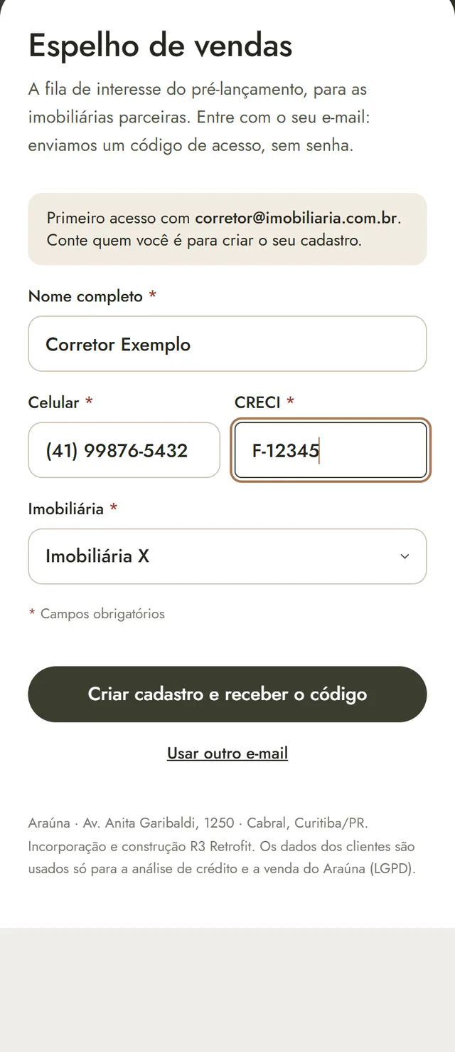 Primeiro acesso: nome, celular, CRECI e imobiliária