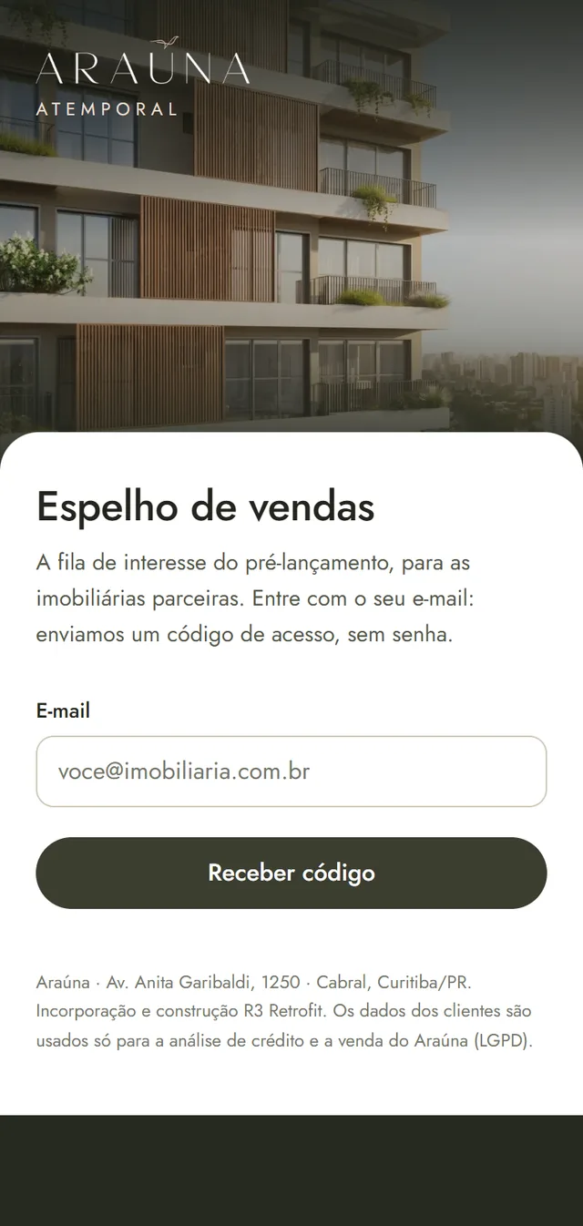 Tela de entrada com o campo de e-mail