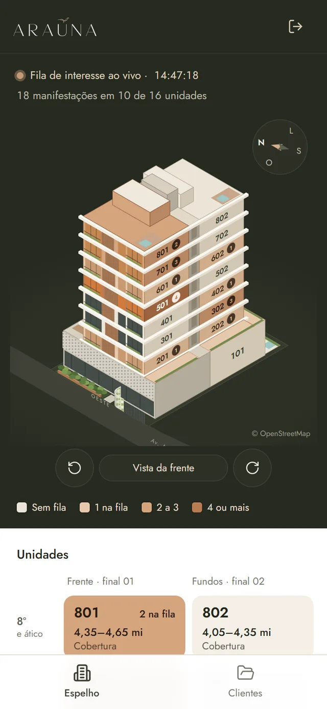 O espelho no celular: prédio com a fila de cada unidade
