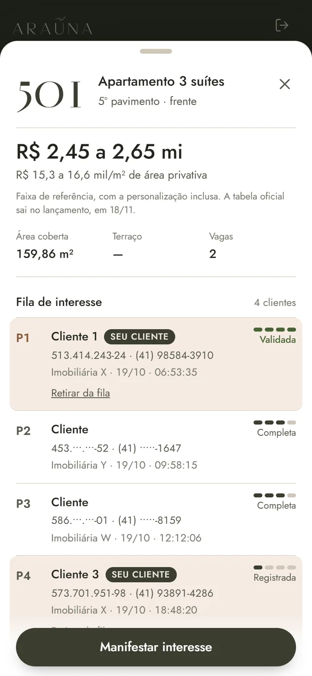 Ficha da unidade 501 com faixa de preço e áreas