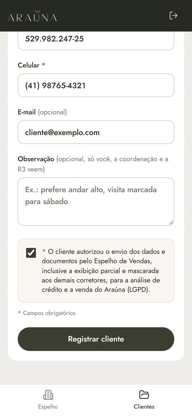 Formulário de novo cliente com a autorização da LGPD