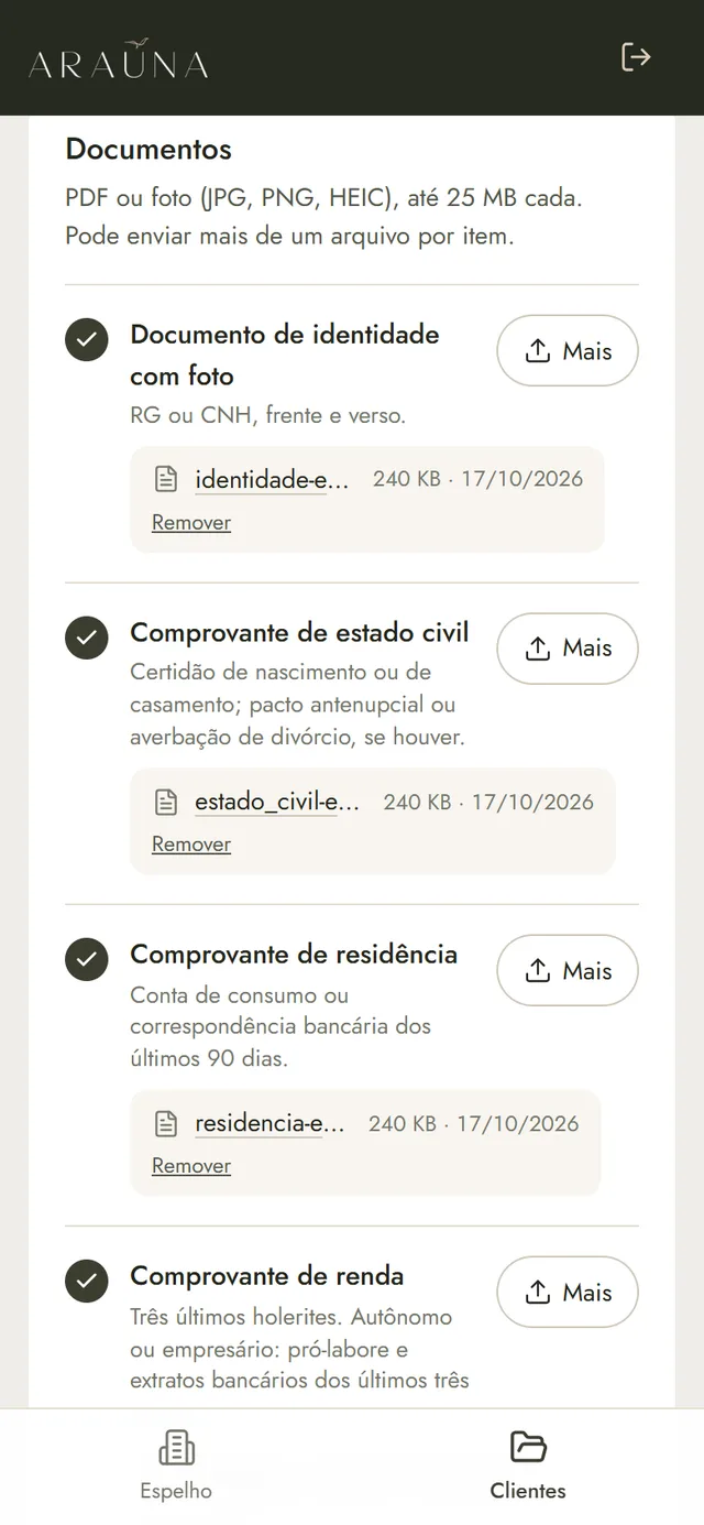 Lista de documentos enviados