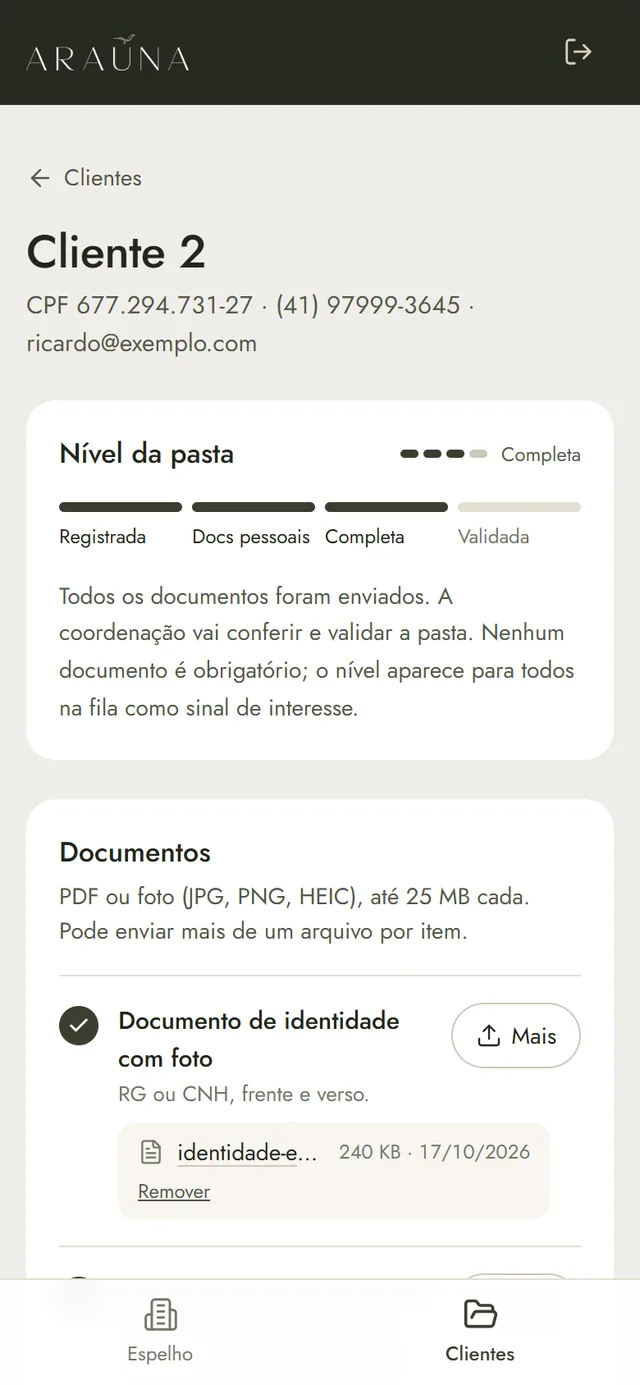 Pasta do cliente com o nível e os documentos